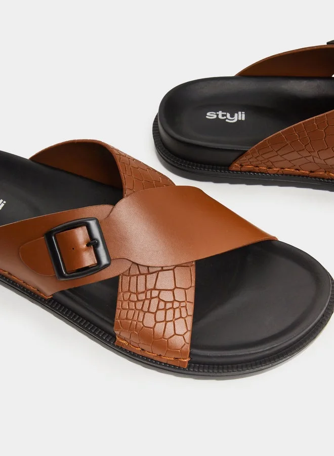 Styli Brown Cross Strap Buckle Sandals