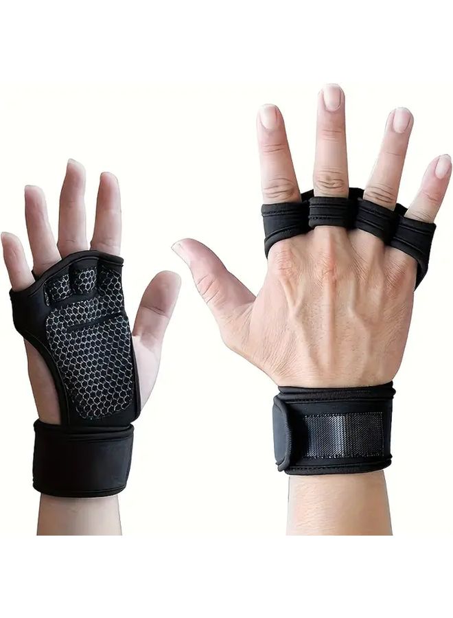 Black Fingerless Gym Gloves With Adjustable Wrist Support For Fitness - Image 1