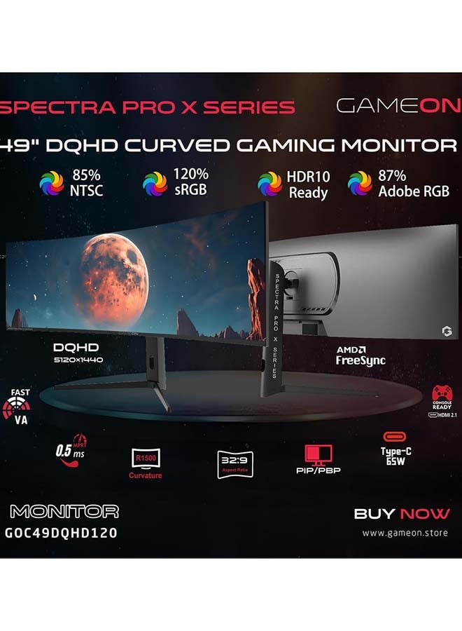 GAMEON 49 inch Curved Gaming Monitor, VA Display, DQHD Resolution, 120Hz Refresh Rate, 0.5ms (MPRT) Response Time, FreeSync, Adaptive Sync | GOC49DQHD120 Black Black - Image 3