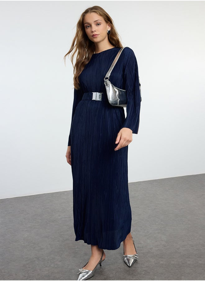 trendyol Navy Blue Pleated Belt Detailed Knitted Dress TCTSS24EB00154  - Image 1