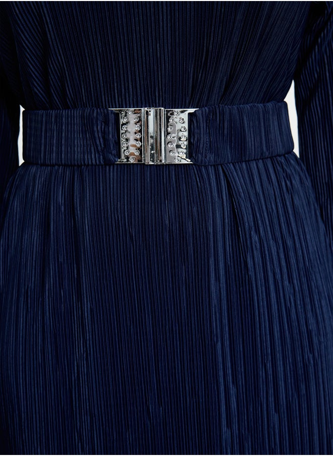 trendyol Navy Blue Pleated Belt Detailed Knitted Dress TCTSS24EB00154  - Image 4