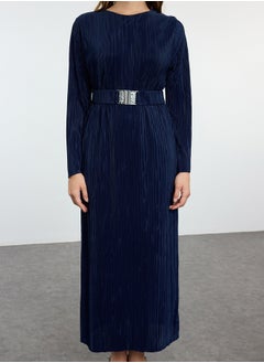 trendyol Navy Blue Pleated Belt Detailed Knitted Dress TCTSS24EB00154  - Image 3