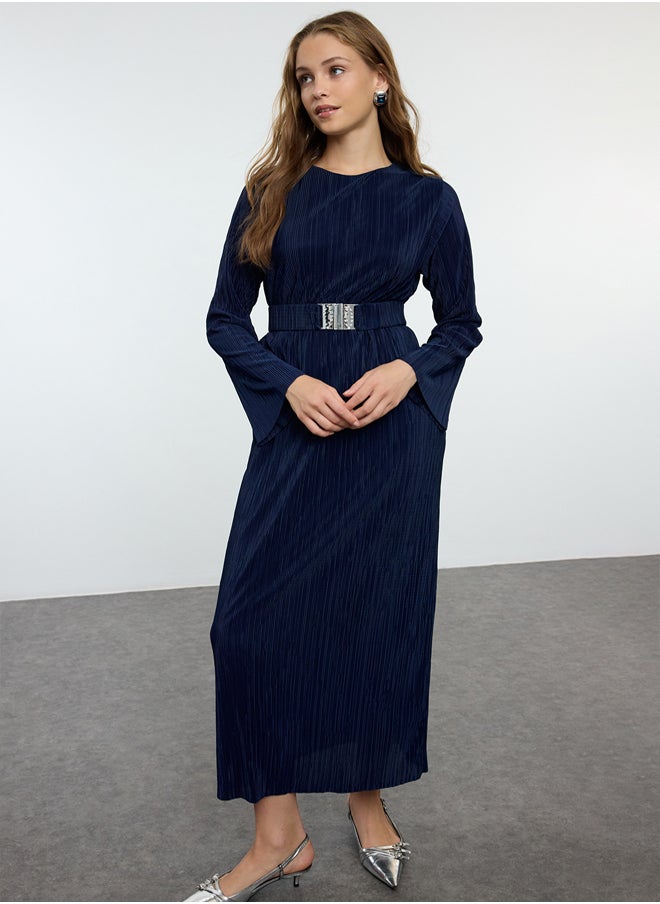 trendyol Navy Blue Pleated Belt Detailed Knitted Dress TCTSS24EB00154  - Image 2