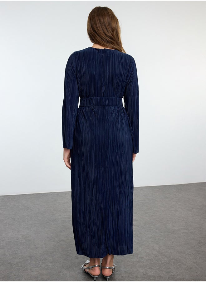 trendyol Navy Blue Pleated Belt Detailed Knitted Dress TCTSS24EB00154  - Image 5