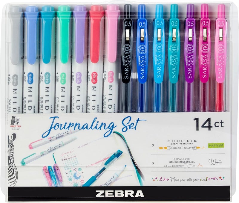Zebra Pen Journaling Set, Includes 7 Mildliner Highlighters and 7 Sarasa Clip Retractable Gel Ink Pens, Assorted Colors, 14 Pack - Image 1