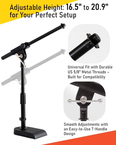 Stage Rocker Adjustable Low-profile Microphone Stand - Snare/Tom Bottom/Bass (Kick) Drum/Table Top, Adjustable Height, 15.75“ Telescoping Boom Arm, Clip-on cable holder, Powered by Hamilton (SR610111) - Image 4