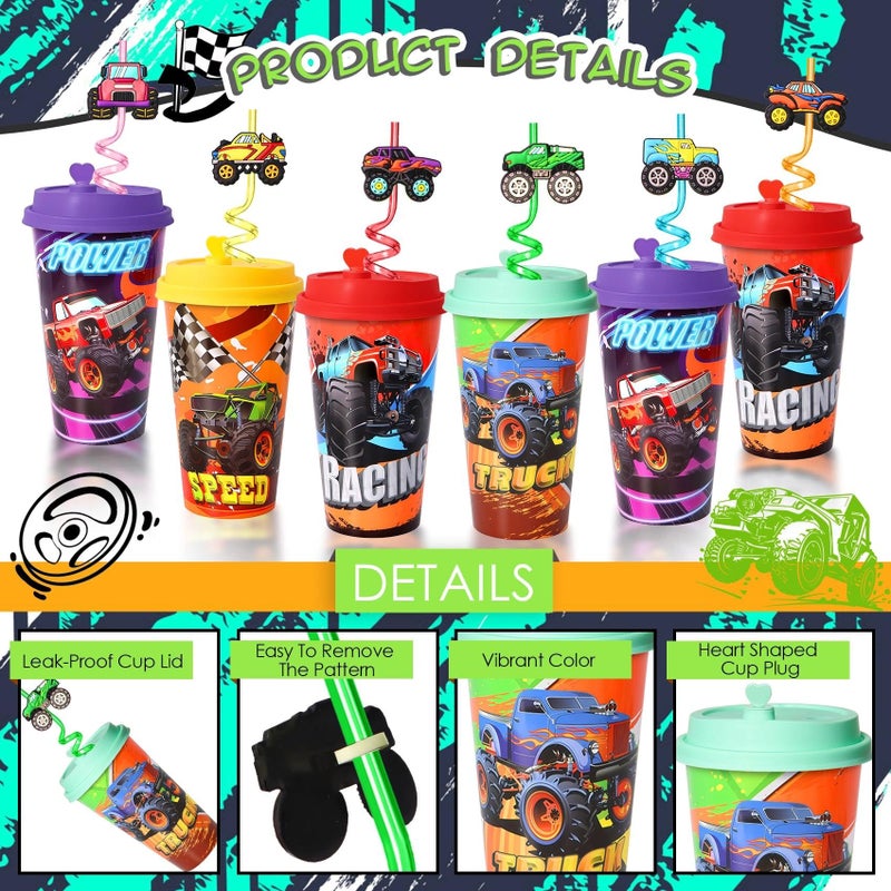 Lidmada 24 Sets Monster Truck Party Favors Cups with Lids and Straws for Mini Trucks Birthday Decorations Party Goodie Gift Bags Pinata Supplies - Image 5