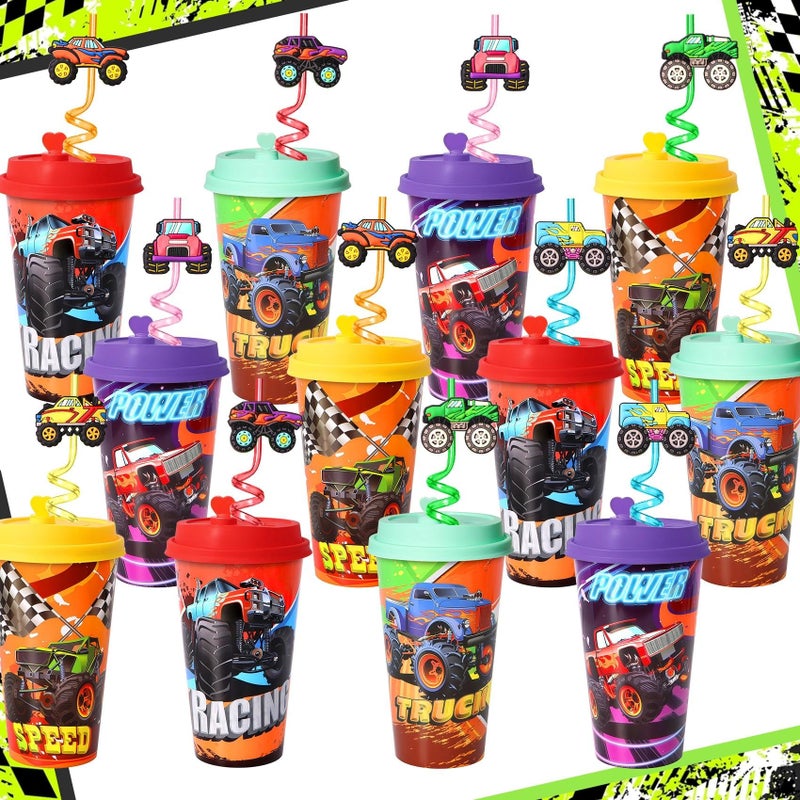 Lidmada 24 Sets Monster Truck Party Favors Cups with Lids and Straws for Mini Trucks Birthday Decorations Party Goodie Gift Bags Pinata Supplies - Image 1