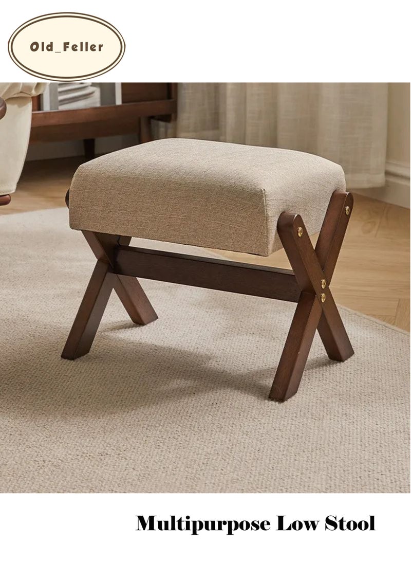 Old_Feller Nordic Luxury Solid Wood Multipurpose Stool: Shoe Bench, Step Stool, and Coffee Table Accent for Entryway, Living Room, and Kids' Room Khaki Fabric/Walnut Wood Color - Image 2