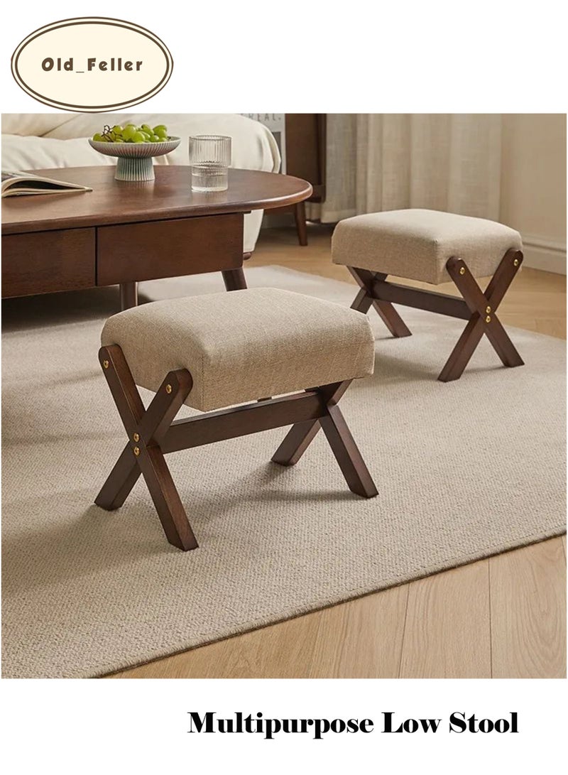 Old_Feller Nordic Luxury Solid Wood Multipurpose Stool: Shoe Bench, Step Stool, and Coffee Table Accent for Entryway, Living Room, and Kids' Room Khaki Fabric/Walnut Wood Color - Image 1