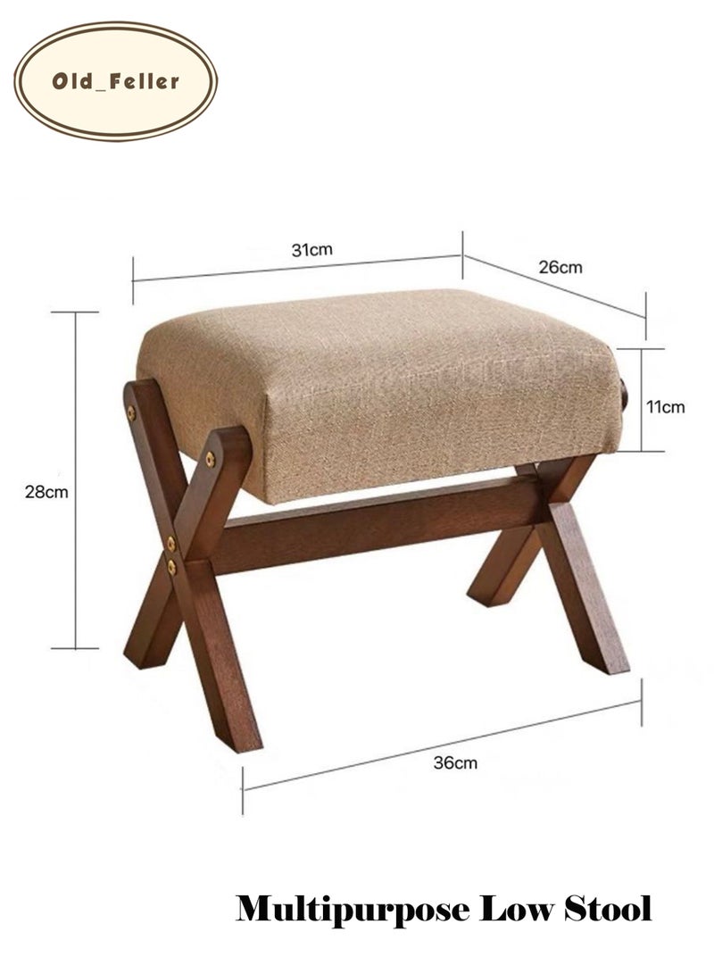 Old_Feller Nordic Luxury Solid Wood Multipurpose Stool: Shoe Bench, Step Stool, and Coffee Table Accent for Entryway, Living Room, and Kids' Room Khaki Fabric/Walnut Wood Color - Image 3