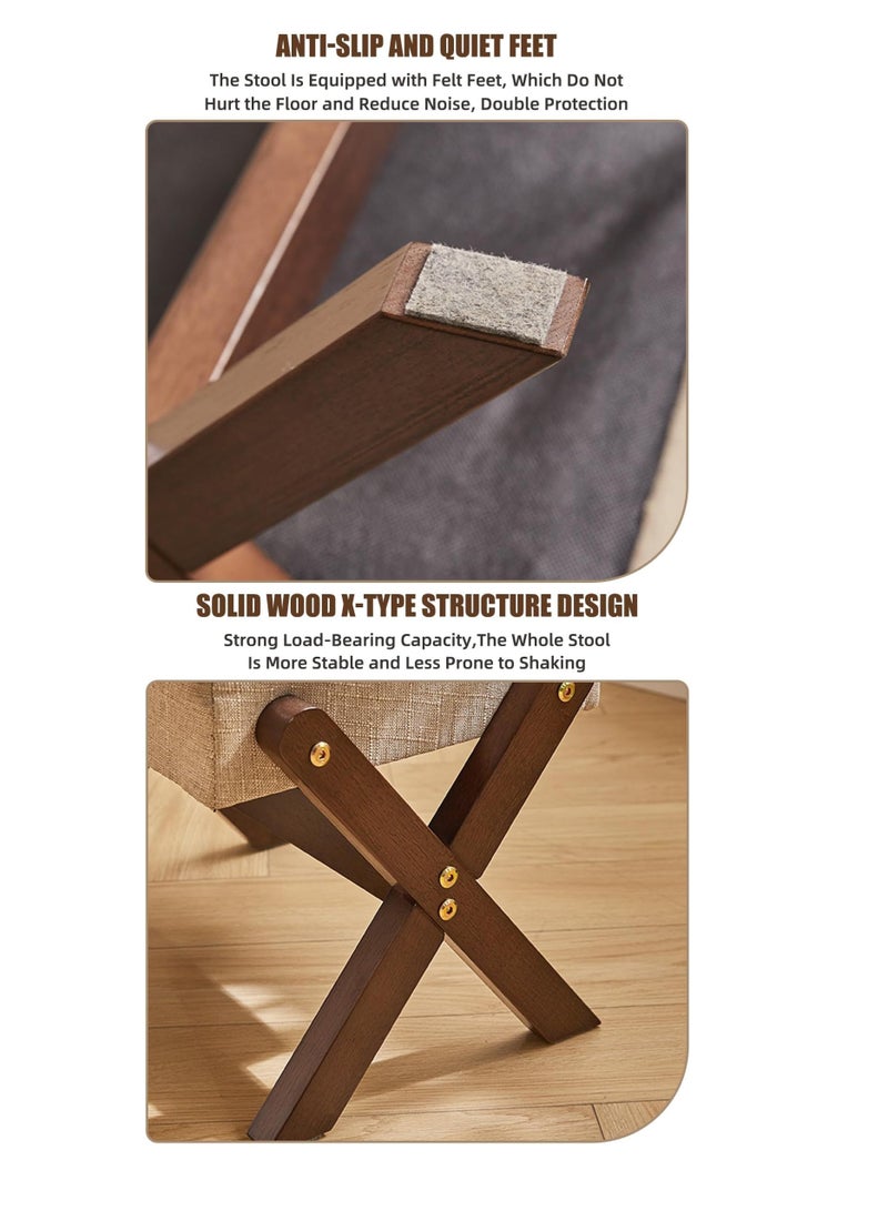 Old_Feller Nordic Luxury Solid Wood Multipurpose Stool: Shoe Bench, Step Stool, and Coffee Table Accent for Entryway, Living Room, and Kids' Room Khaki Fabric/Walnut Wood Color - Image 5