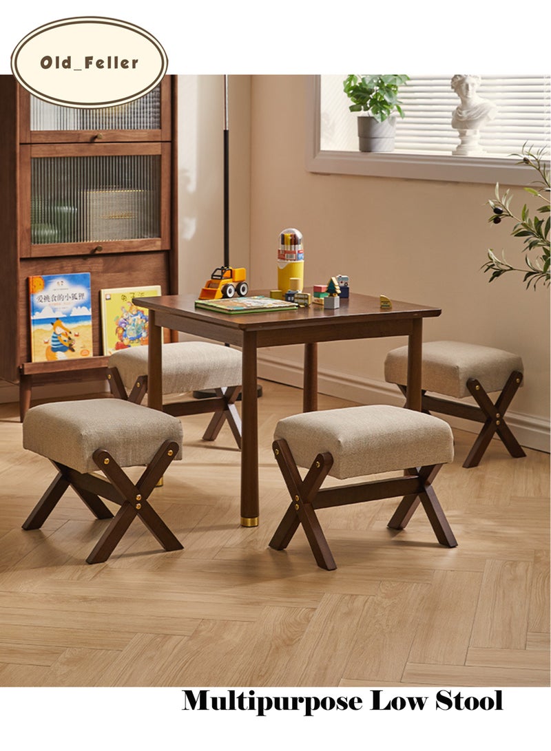 Old_Feller Nordic Luxury Solid Wood Multipurpose Stool: Shoe Bench, Step Stool, and Coffee Table Accent for Entryway, Living Room, and Kids' Room Khaki Fabric/Walnut Wood Color - Image 4
