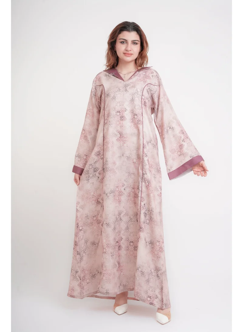 IKKXA Elegant Patterns Collared Jalabiya IN1099 Peach