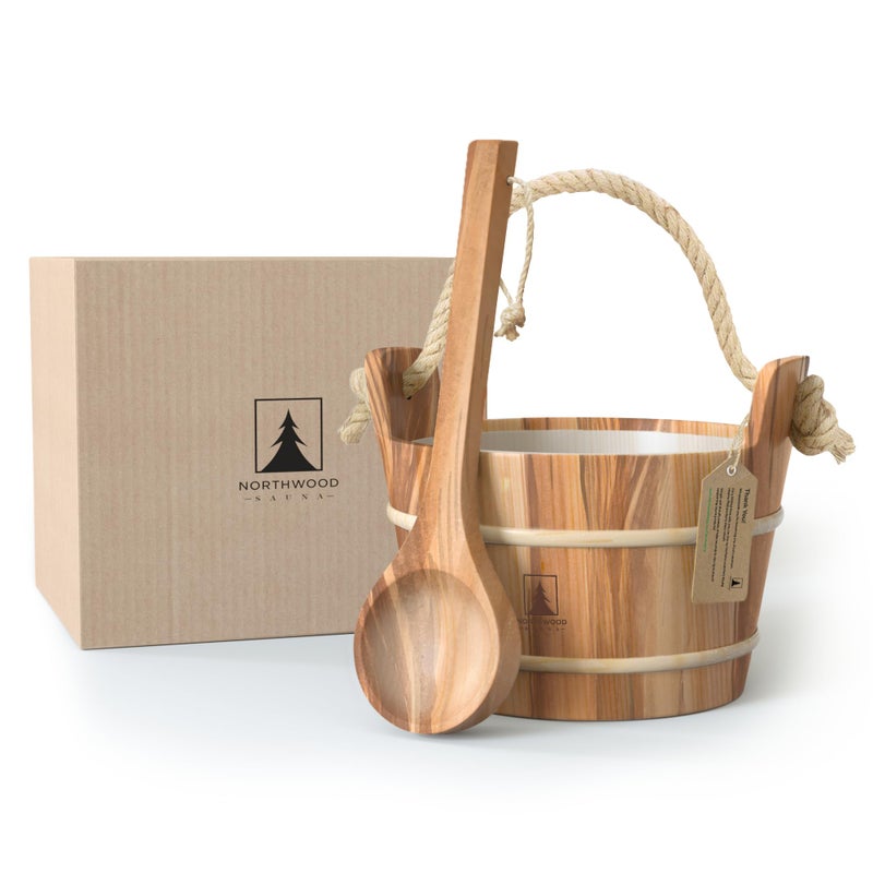 Northwood Sauna Sauna Bucket and Ladle Set Handmade from Canadian Red Cedar Wood Natural Rope Handle 1 Gallon 4 Liters Water Capacity