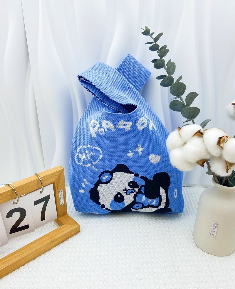 Internet Red Panda And Flower Wrist Bag Tote Bag Women'S Knitted Bucket Bag Casual All-Match Japanese And Korean Hand Bag Lunch Box Bag - Image 1