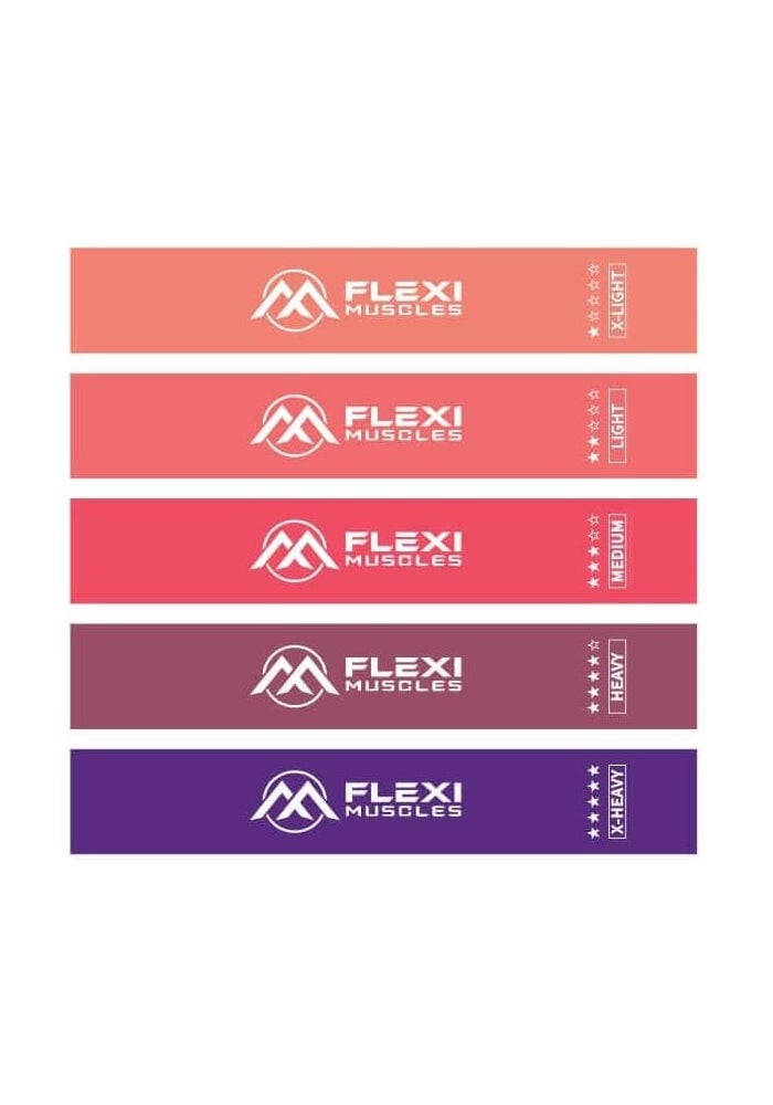 FLEXI MUSCLES مجموعة أحزمة مقاومة فليكسى ماسلز - 5 أحزمة تمرين مع حقيبة حمل لتدريب القوة واليوغا - Image 1