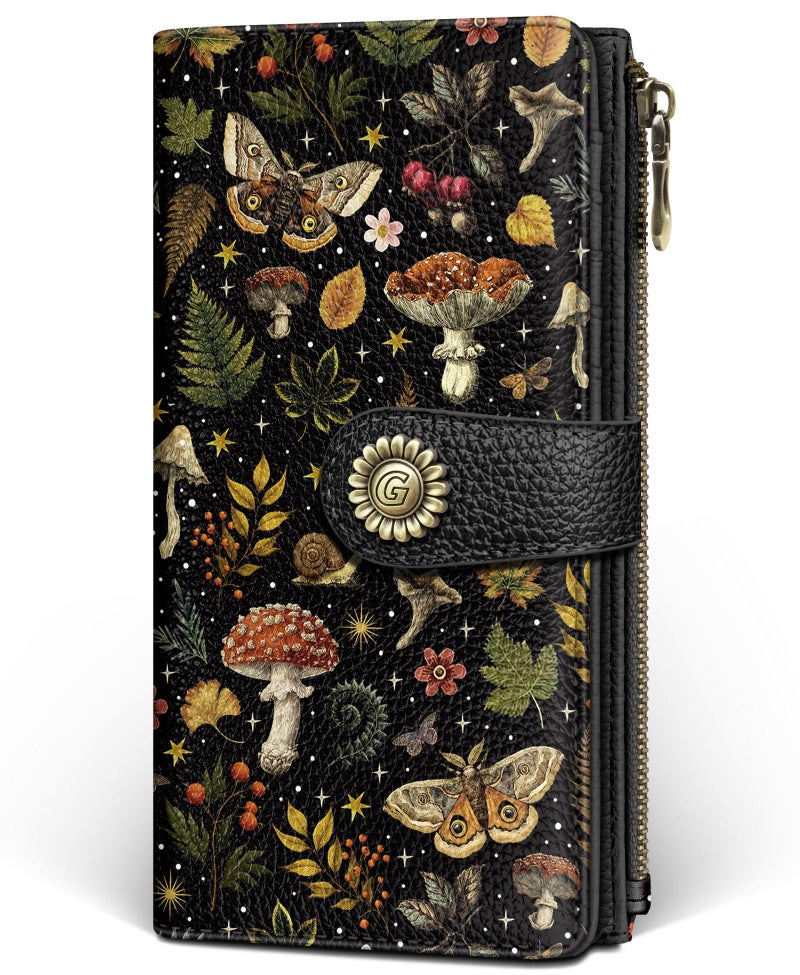 GIANCOMICS Butterfly Mushroom Womens Wallet RFID Blocking, Credit Card Holder Bifold, PU Leather Travel Billfold, Cute Cash Purse, Zipper Coin Pocket Clutch, 11 Card Slots, Ladies Gift Woman - Image 1