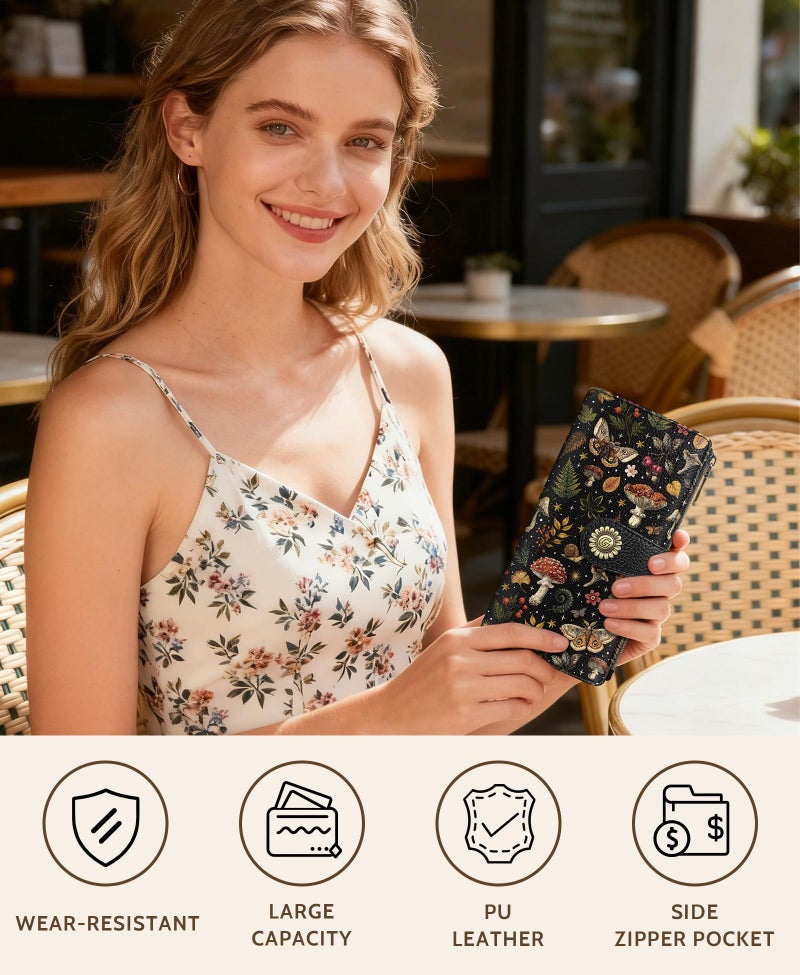 GIANCOMICS Butterfly Mushroom Womens Wallet RFID Blocking, Credit Card Holder Bifold, PU Leather Travel Billfold, Cute Cash Purse, Zipper Coin Pocket Clutch, 11 Card Slots, Ladies Gift Woman - Image 2