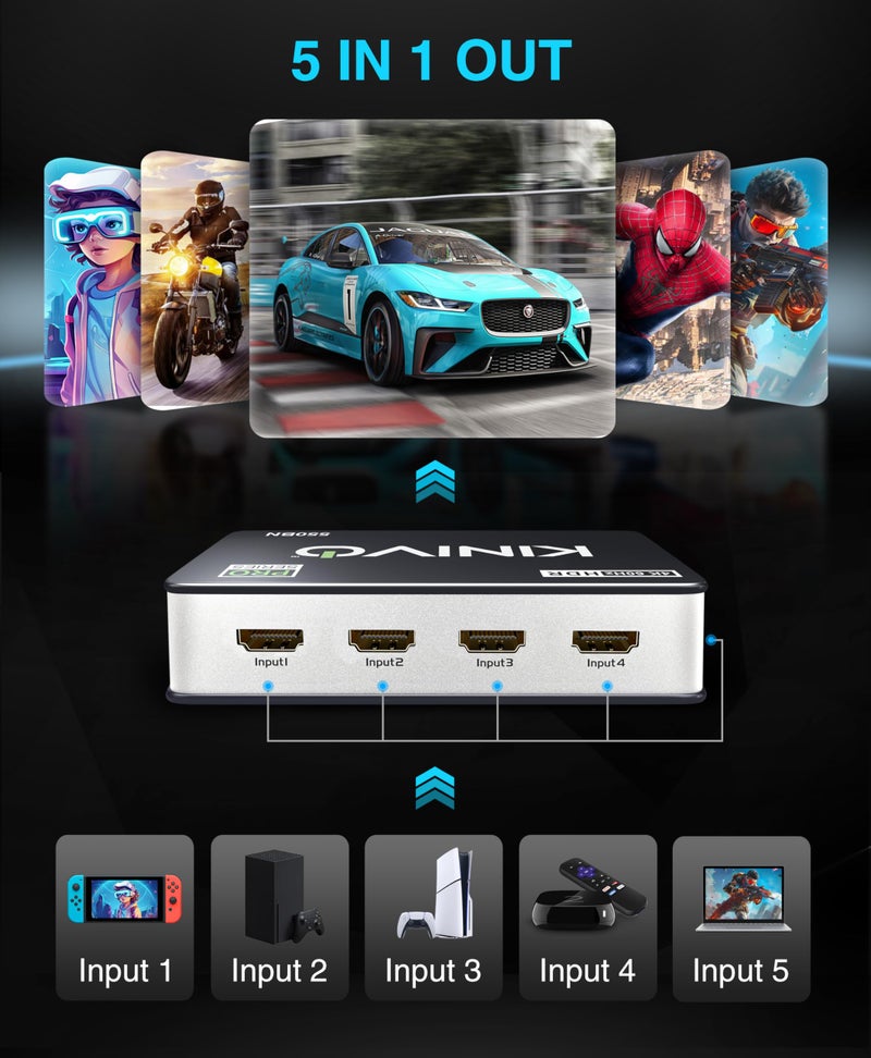 Kinivo HDMI Switch 4K HDR 550BN (5 in 1 Out, 4K 60Hz HDR, HDMI 2.0, High Speed 18Gbps, IR Remote, HDCP) - Compatible with Roku, PS5, Xbox, Apple TV, Nintendo Switch, Cable Box - Image 4
