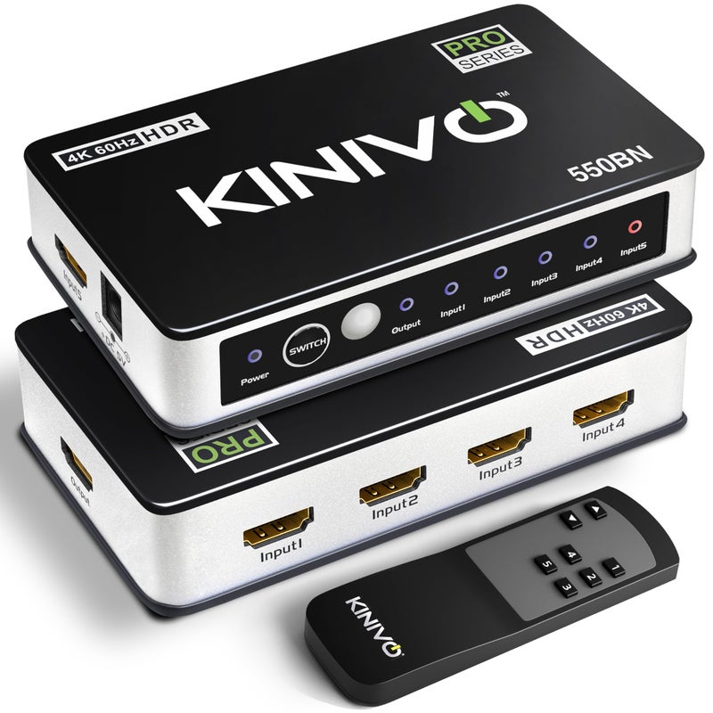 Kinivo HDMI Switch 4K HDR 550BN (5 in 1 Out, 4K 60Hz HDR, HDMI 2.0, High Speed 18Gbps, IR Remote, HDCP) - Compatible with Roku, PS5, Xbox, Apple TV, Nintendo Switch, Cable Box - Image 1