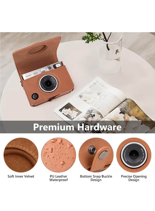 Bliszaar Protective Case for Instax Mini EVO Instant Camera with 96 Pockets Photo Album - Lychee Texture Premium PU Leather Fuji Mini EVO Camera Case with Adjustable Shoulder Strap & Precise Open Hole for Charging - Brown - Image 5