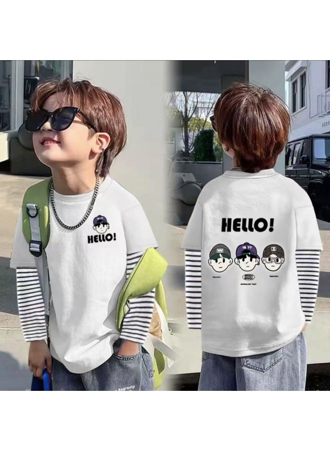 Boys' Cotton Long-sleeve T-shirt Spring/autumn New Style Big Kids Baby Fake Two-piece Striped Base Layer Top