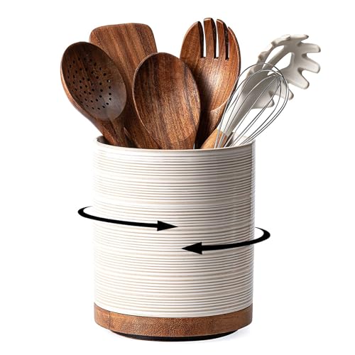 MIKIGEY Utensil Holder, 360° Rotating Extra Large Ceramic Kitchen Utensil Holder for Countertop, 7.3“ Cooking Utensil Crocks for Kitchen Counter with Rotatable Wooden Base, Farmhouse Decor, Arctic White - Image 1