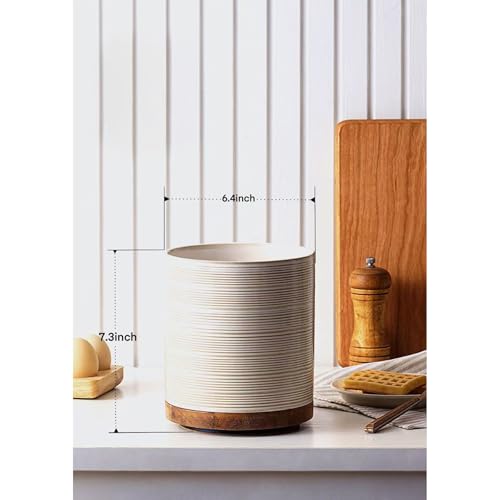 MIKIGEY Utensil Holder, 360° Rotating Extra Large Ceramic Kitchen Utensil Holder for Countertop, 7.3“ Cooking Utensil Crocks for Kitchen Counter with Rotatable Wooden Base, Farmhouse Decor, Arctic White - Image 4