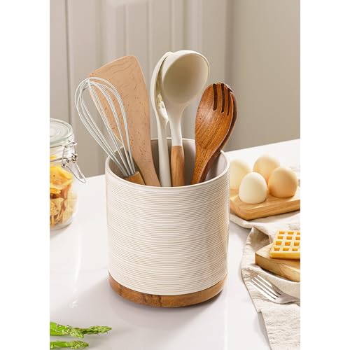 MIKIGEY Utensil Holder, 360° Rotating Extra Large Ceramic Kitchen Utensil Holder for Countertop, 7.3“ Cooking Utensil Crocks for Kitchen Counter with Rotatable Wooden Base, Farmhouse Decor, Arctic White - Image 3