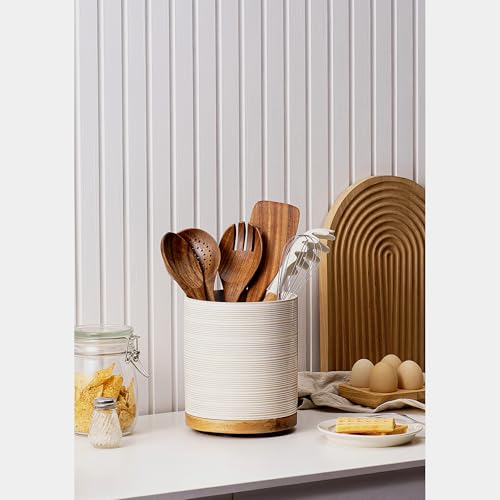 MIKIGEY Utensil Holder, 360° Rotating Extra Large Ceramic Kitchen Utensil Holder for Countertop, 7.3“ Cooking Utensil Crocks for Kitchen Counter with Rotatable Wooden Base, Farmhouse Decor, Arctic White - Image 5