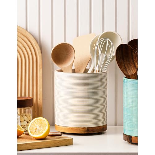 MIKIGEY Utensil Holder, 360° Rotating Extra Large Ceramic Kitchen Utensil Holder for Countertop, 7.3“ Cooking Utensil Crocks for Kitchen Counter with Rotatable Wooden Base, Farmhouse Decor, Arctic White - Image 2