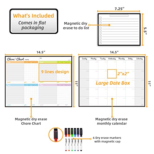 JJPRO Magnetic Dry Erase Chore Chart and Calendar Bundle for Fridge - Chore Chart for Multiple Kids,Monthly Calendar,One Bonus to-do Whiteboard and 6 Extra Fine Tips Markers Included! - Image 2