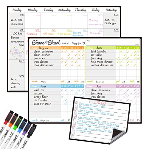 JJPRO Magnetic Dry Erase Chore Chart and Calendar Bundle for Fridge - Chore Chart for Multiple Kids,Monthly Calendar,One Bonus to-do Whiteboard and 6 Extra Fine Tips Markers Included! - Image 1