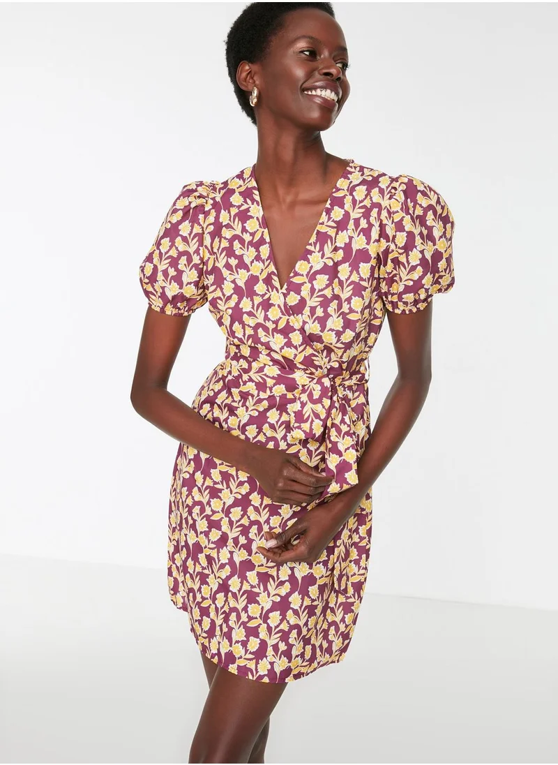 trendyol Tie Detail Printed Plunge Neck Dress