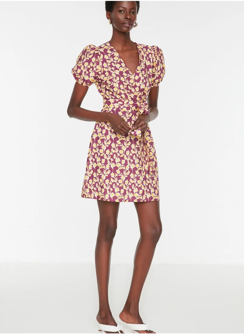 trendyol Tie Detail Printed Plunge Neck Dress