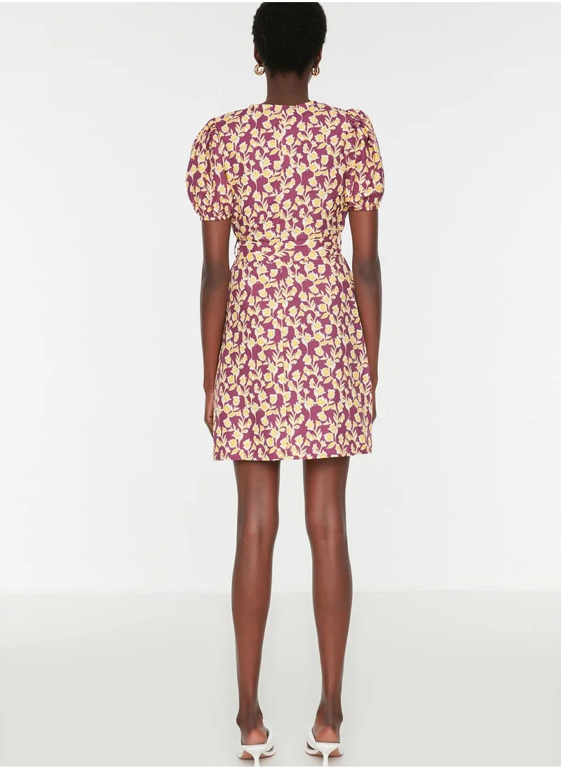 trendyol Tie Detail Printed Plunge Neck Dress