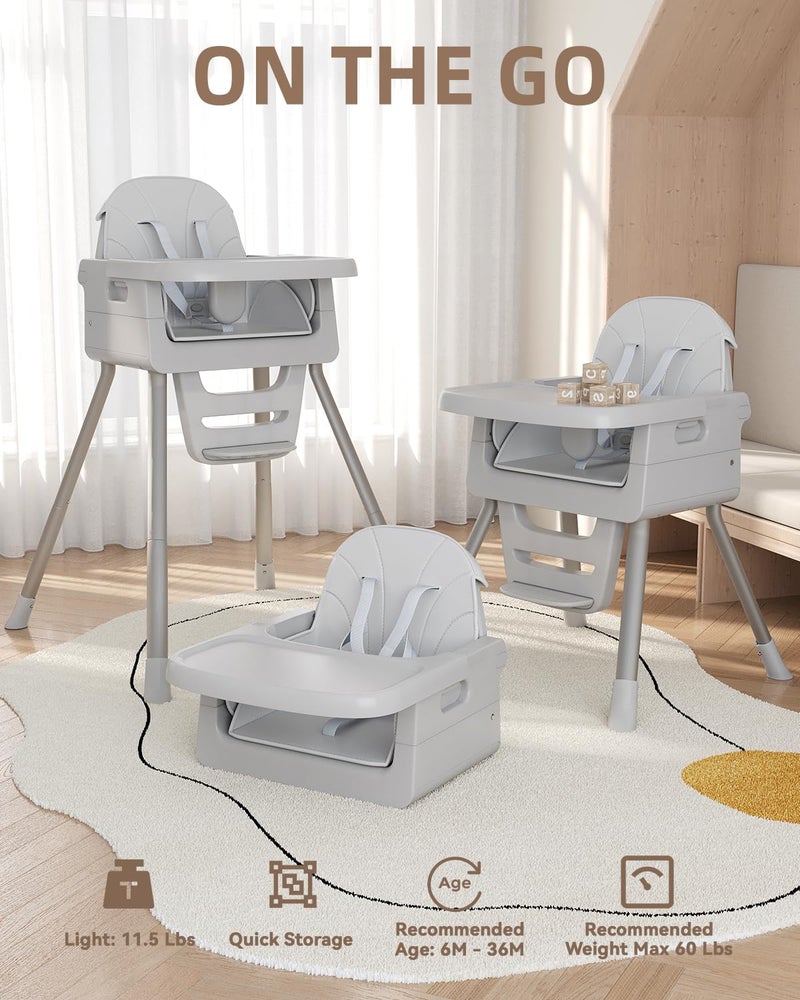 EverKiddo Baby High Chair for 6 Months+, Foldable High Chairs for Babies and Toddlers, Convertible Toddler Chair, Adjustable Tray & Footrest, Lightweight, Stable & Easy to Clean(Gray) - Image 2