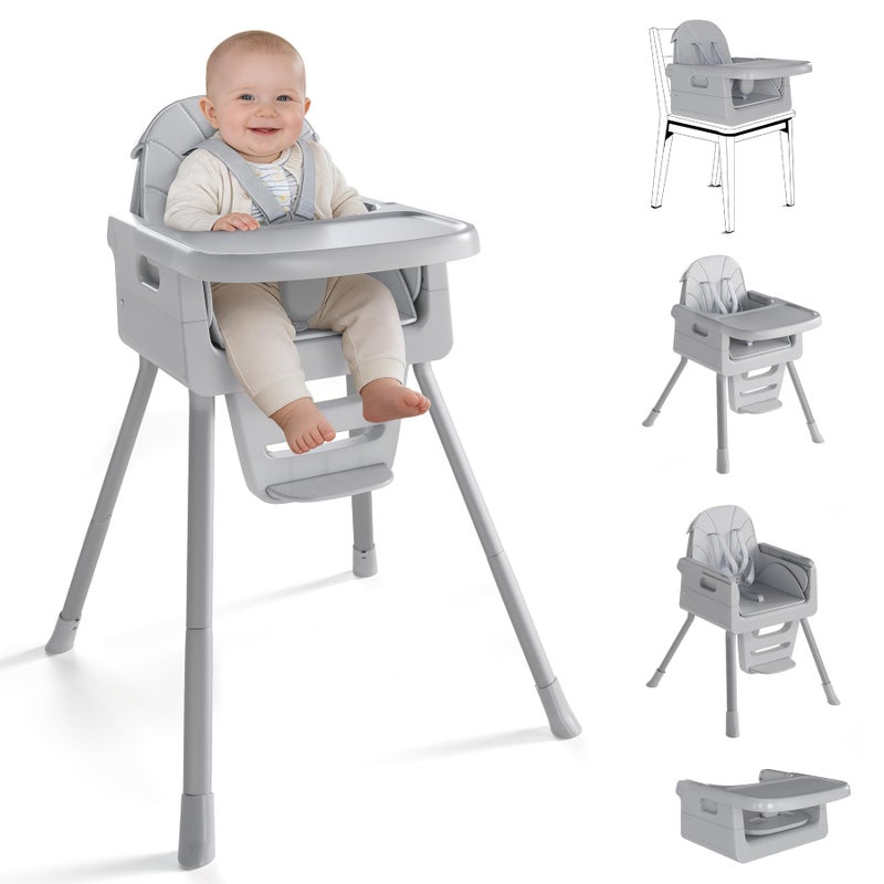 EverKiddo Baby High Chair for 6 Months+, Foldable High Chairs for Babies and Toddlers, Convertible Toddler Chair, Adjustable Tray & Footrest, Lightweight, Stable & Easy to Clean(Gray) - Image 1