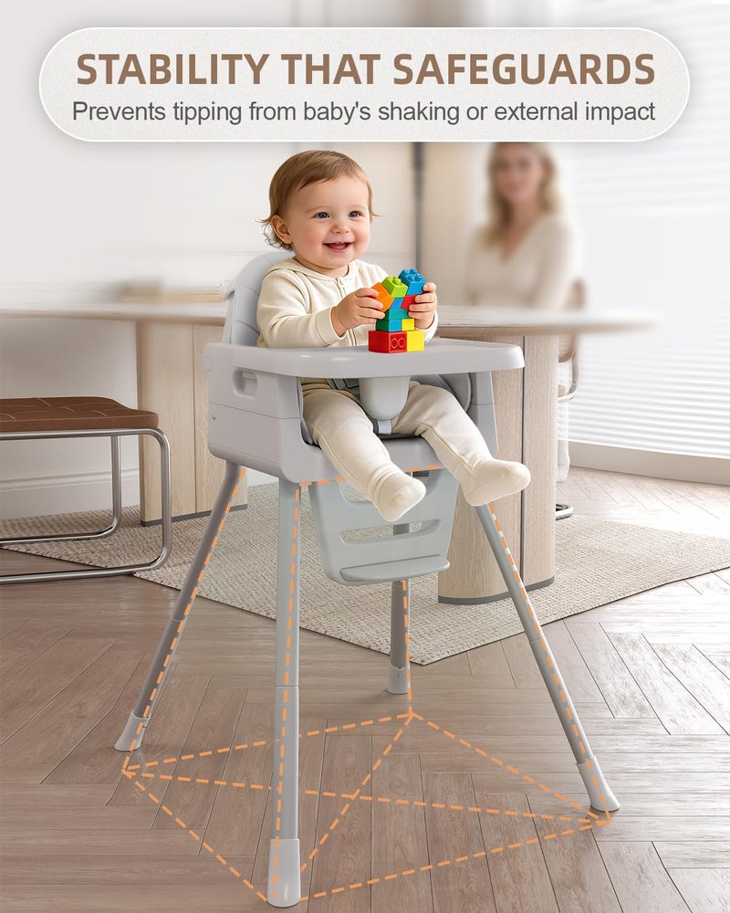 EverKiddo Baby High Chair for 6 Months+, Foldable High Chairs for Babies and Toddlers, Convertible Toddler Chair, Adjustable Tray & Footrest, Lightweight, Stable & Easy to Clean(Gray) - Image 5