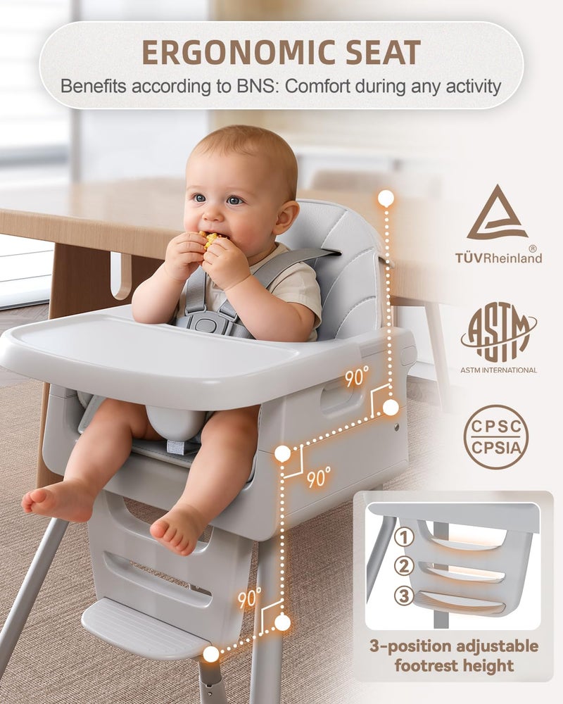 EverKiddo Baby High Chair for 6 Months+, Foldable High Chairs for Babies and Toddlers, Convertible Toddler Chair, Adjustable Tray & Footrest, Lightweight, Stable & Easy to Clean(Gray) - Image 3