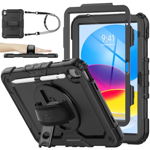 SEYMAC stock حافظة SEYMAC لجهاز iPad (A16) الجيل 11/10 11''/10.9'' 2025/2022، حافظة حماية كاملة ضد السقوط مع واقي شاشة وحزام يد دوار 360°، أسود - Image 1