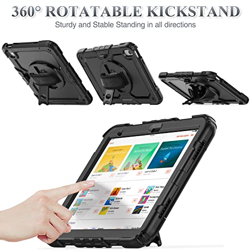SEYMAC stock حافظة SEYMAC لجهاز iPad (A16) الجيل 11/10 11''/10.9'' 2025/2022، حافظة حماية كاملة ضد السقوط مع واقي شاشة وحزام يد دوار 360°، أسود - Image 3