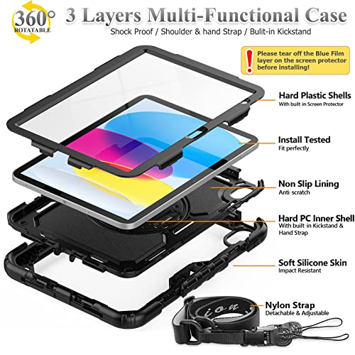 SEYMAC stock حافظة SEYMAC لجهاز iPad (A16) الجيل 11/10 11''/10.9'' 2025/2022، حافظة حماية كاملة ضد السقوط مع واقي شاشة وحزام يد دوار 360°، أسود - Image 5