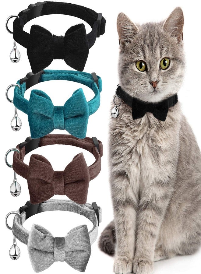 Weewooday 4 Pieces Cat Bow Tie Collar with Bell Breakaway Cat Comfortable Velvet with Cute Safety Pet Collar for Pet Kitten Puppy(Small,Black, Gray, Coffee, Blue) - Image 1