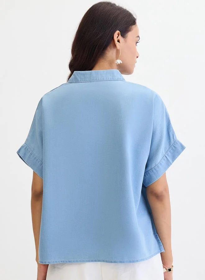 Femmella Blue Denim V-Neck Short Sleeve Top