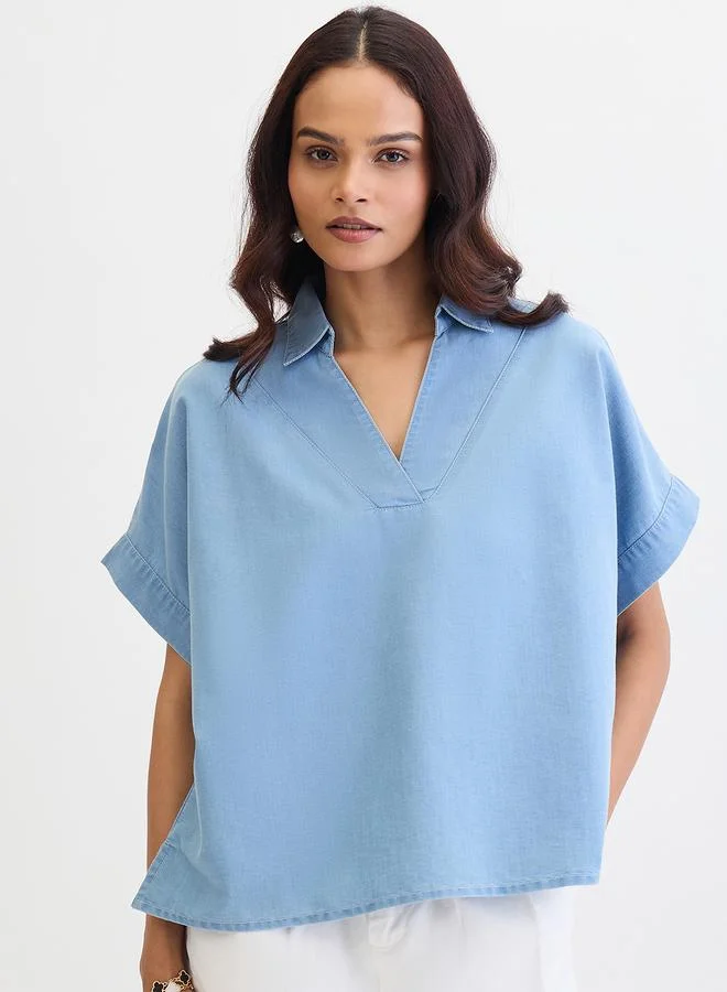 Femmella Blue Denim V-Neck Short Sleeve Top