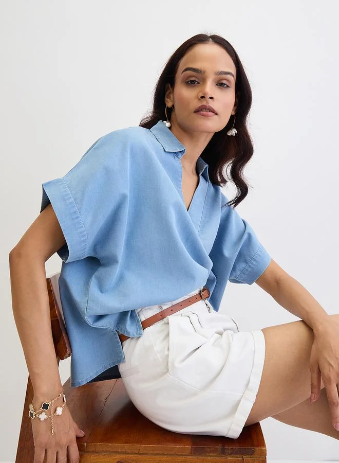 Femmella  Blue Denim V-Neck Short Sleeve Top for Women | Best Price UAE