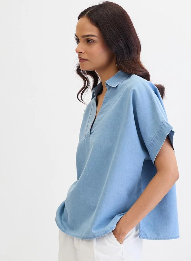 Femmella  Blue Denim V-Neck Short Sleeve Top for Women | Best Price UAE