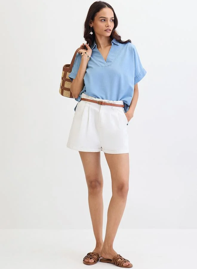 Femmella  Blue Denim V-Neck Short Sleeve Top for Women | Best Price UAE